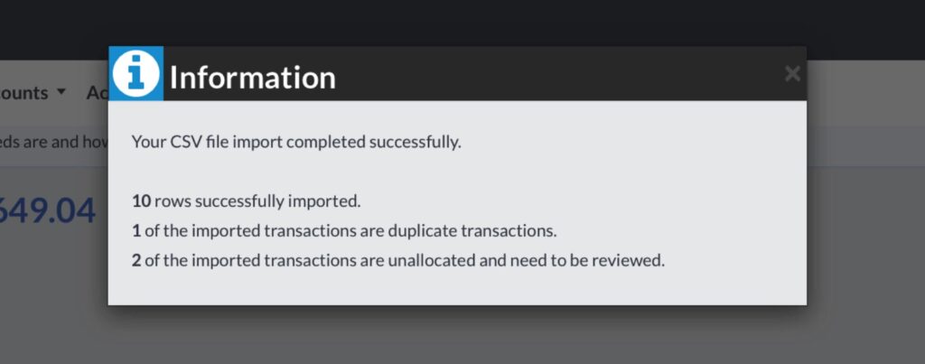 CSV file imported successfully in Sage by The Fun Accountant.