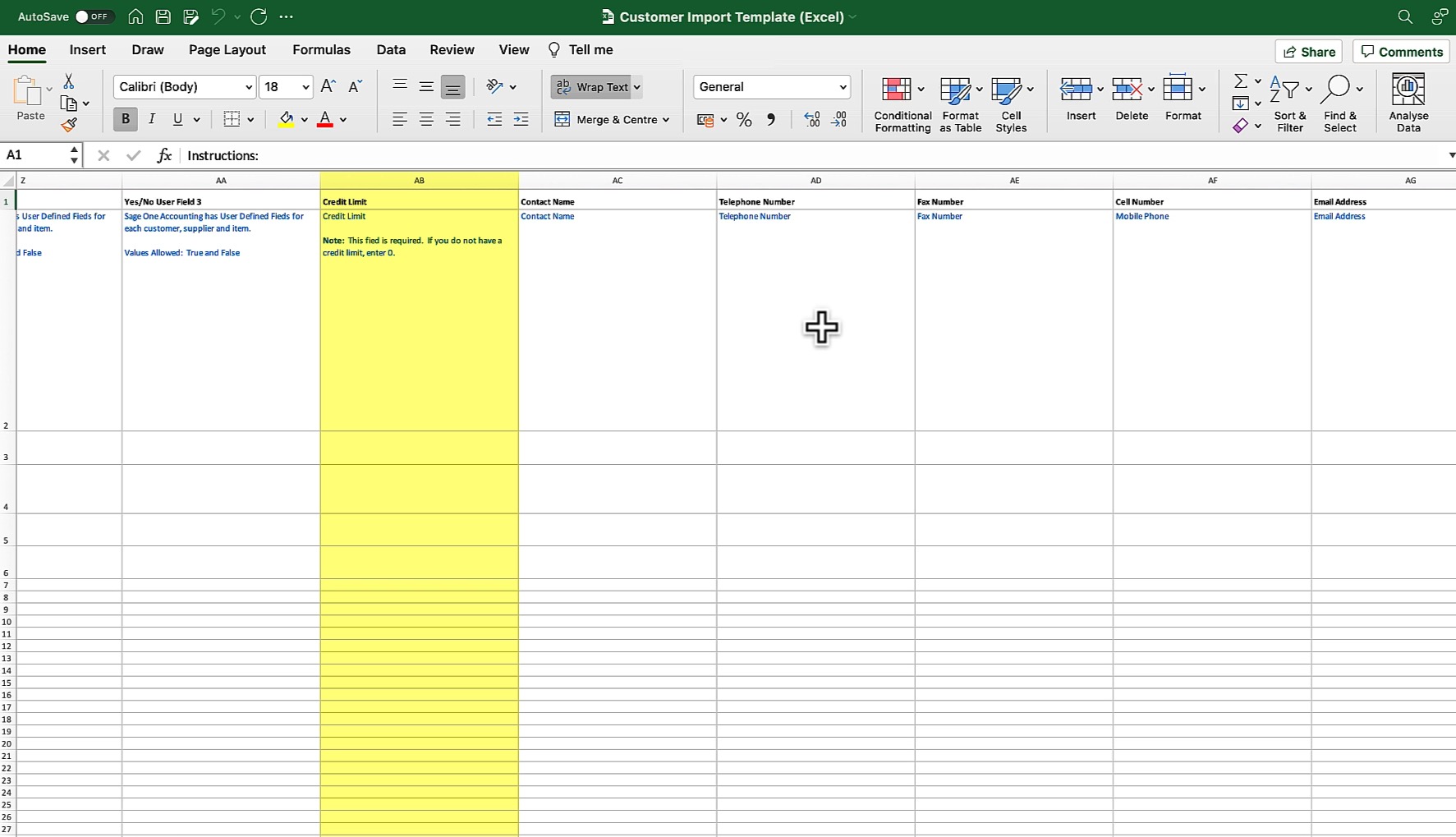 Comparing customised grid with customer import template in Sage by The Fun Accountant.