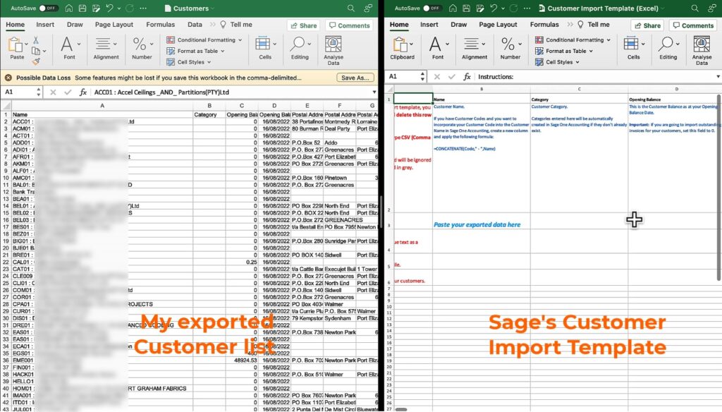 Customer Export list vs Sage Customer Import Template by The Fun Accountant.