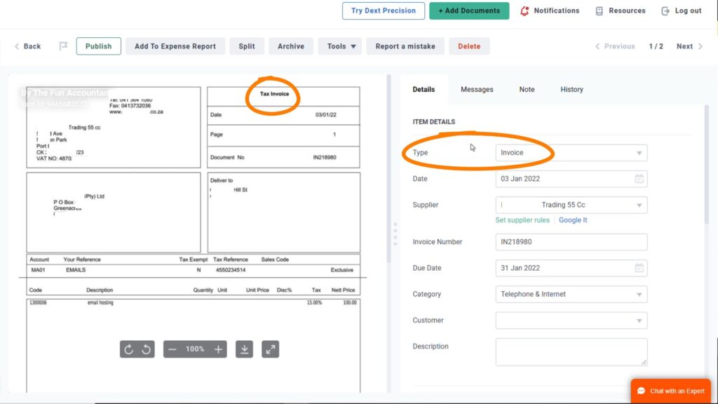 Dext extracted tax invoice from document by The Fun Accountant