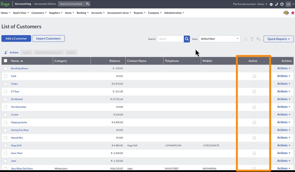 Active vs Inactive customers on Sage Setting by The Fun Accountant