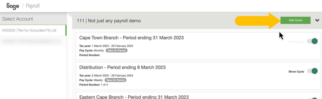 Add new payroll cycle from cycle screen in Sage Business Cloud Payroll by The Fun Accountant