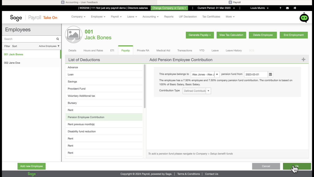 Employee Payroll screen for pension fund by The Fun Accountant