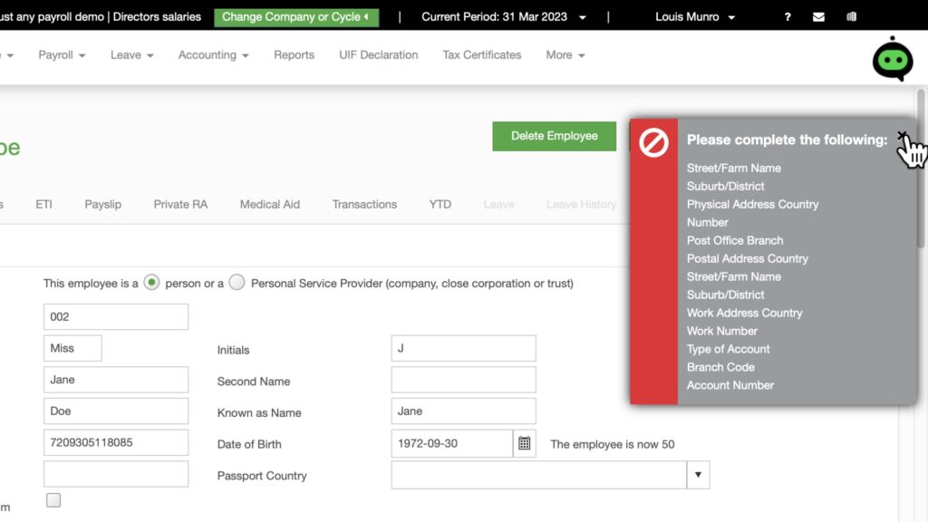 correct sage business cloud payroll validation error by thefunaccountant