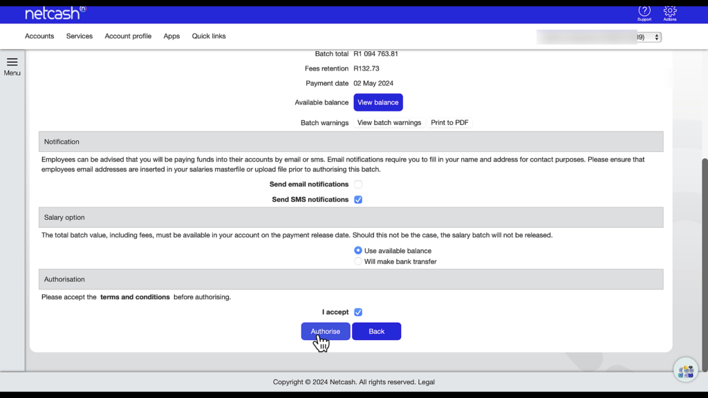 accept Netcash terms and conditions to release salary batch payment